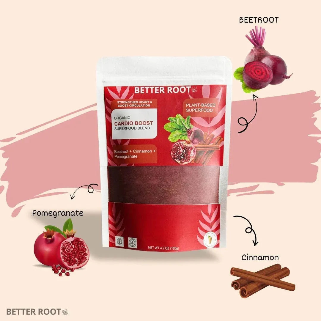 CARDIO BOOST BLEND with beetroot, pomegranate, and cinnamon.