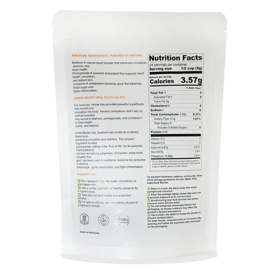 CARDIO BOOST BLEND package with nutrition facts, Betterroot formula.