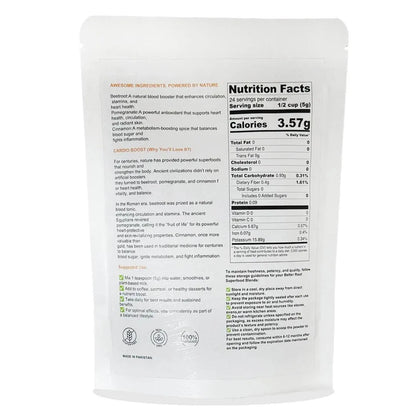 CARDIO BOOST BLEND package with nutrition facts, Betterroot formula.