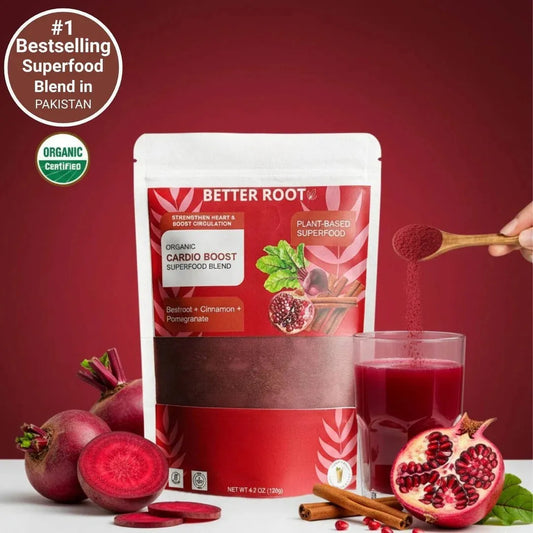 CARDIO BOOST BLEND with beetroot and pomegranate in a sleek red package.